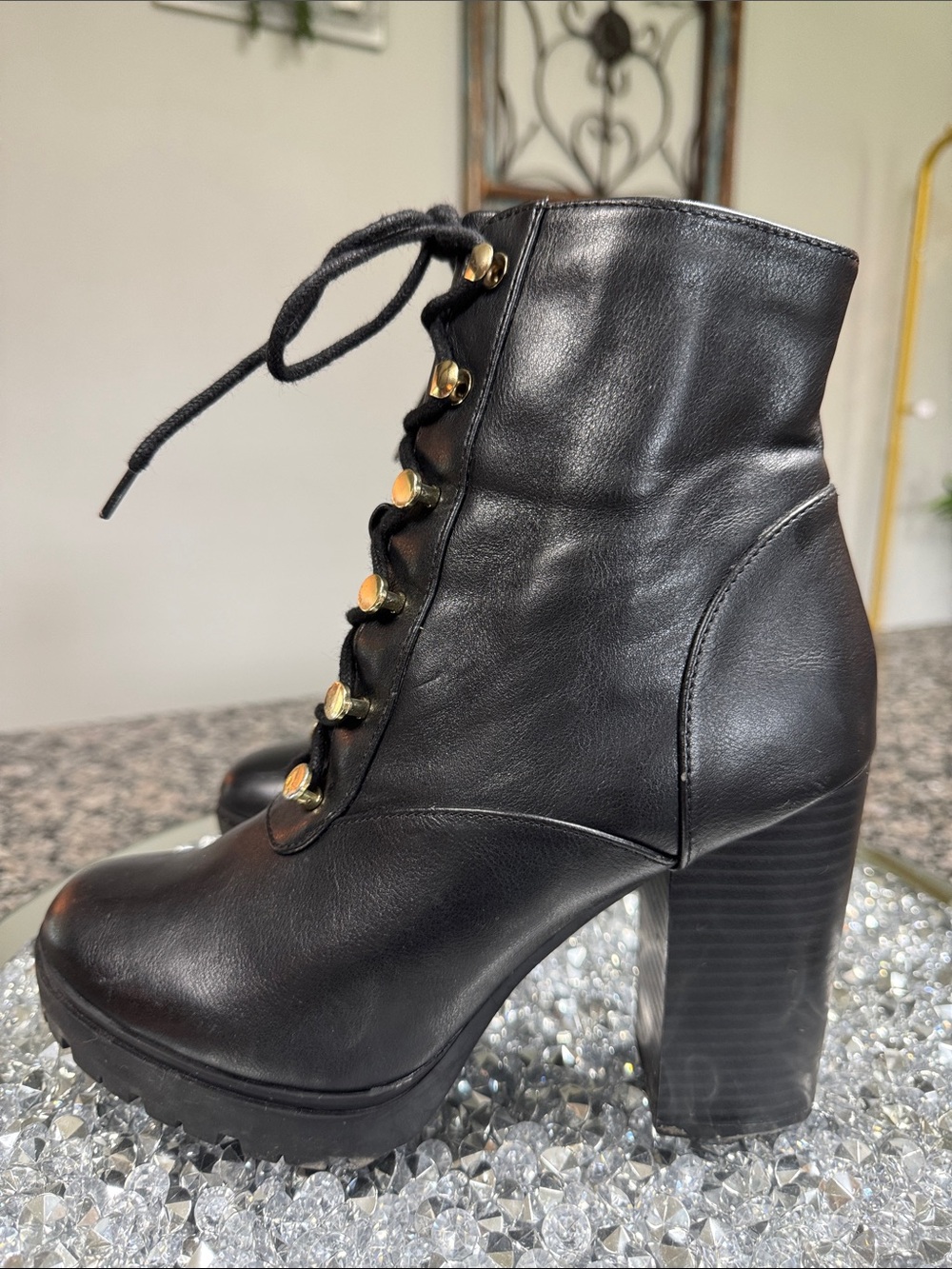 Express Black Lace-Up Platform Ankle Boots with Gold Hardware - Picture 6 of 16